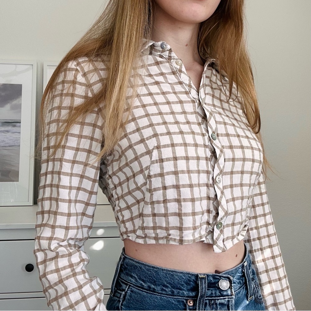 Zara Cropped Shirt Ecru Beige XS